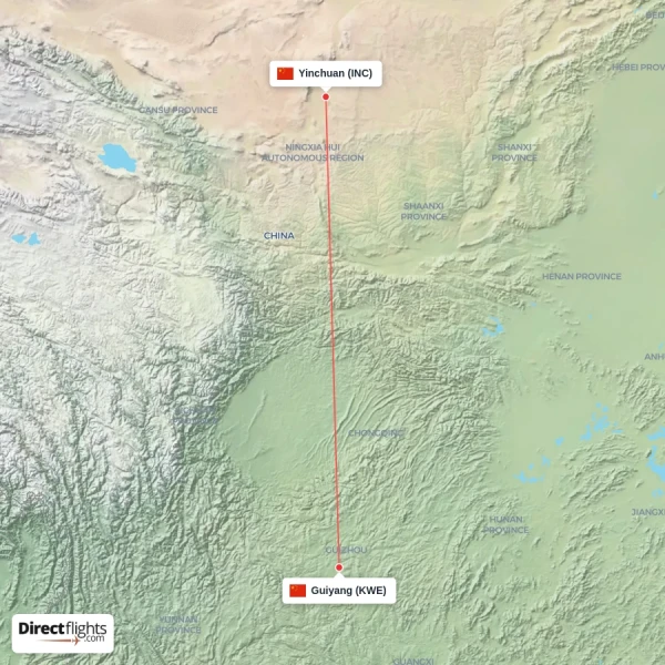 Yinchuan - Guiyang direct flight map