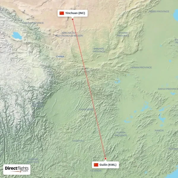 Yinchuan - Guilin direct flight map