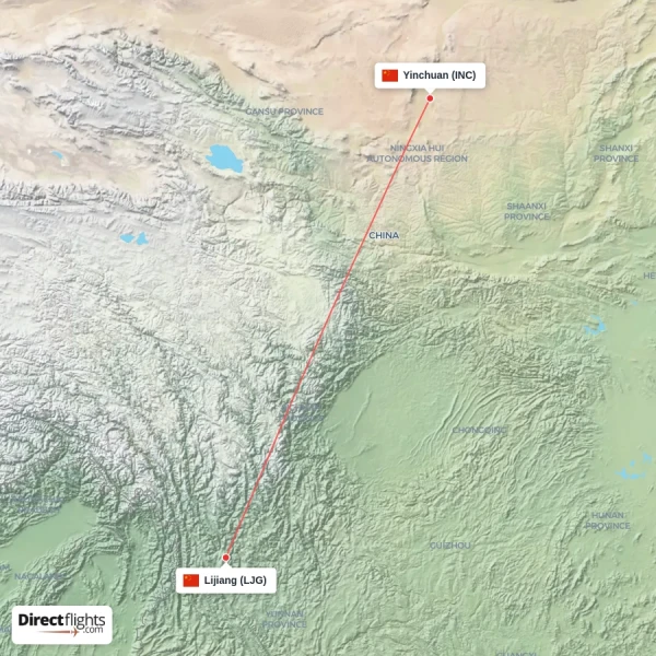 Yinchuan - Lijiang direct flight map