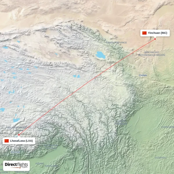 Yinchuan - Lhasa/Lasa direct flight map