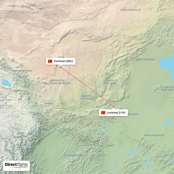 Yinchuan - Luoyang direct flight map