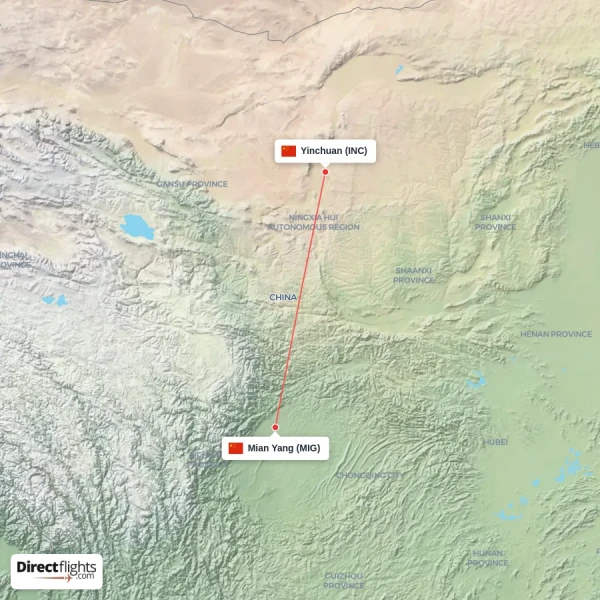 Yinchuan - Mian Yang direct flight map
