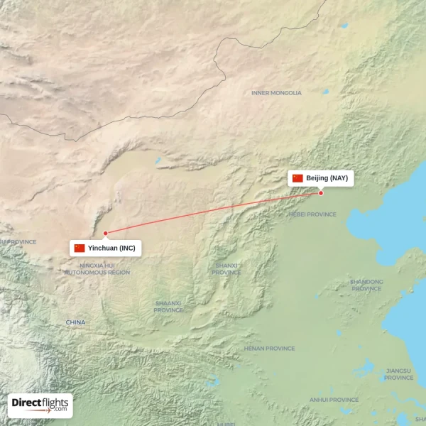 Yinchuan - Beijing direct flight map