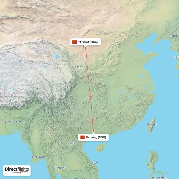 Yinchuan - Nanning direct flight map