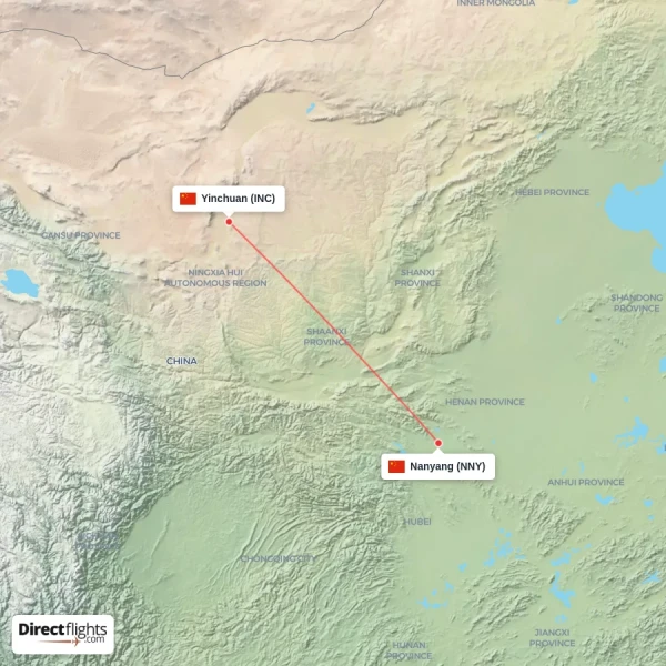 Yinchuan - Nanyang direct flight map