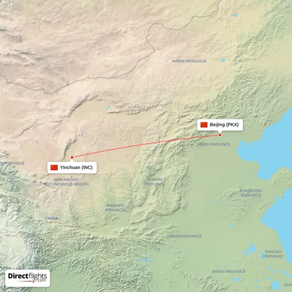 Yinchuan - Beijing direct flight map