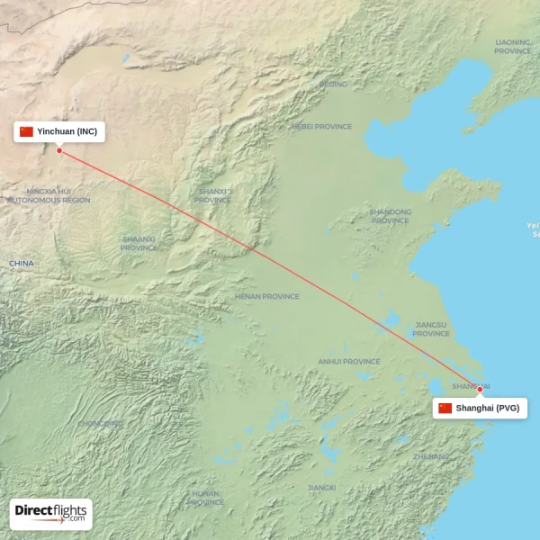 Yinchuan - Shanghai direct flight map
