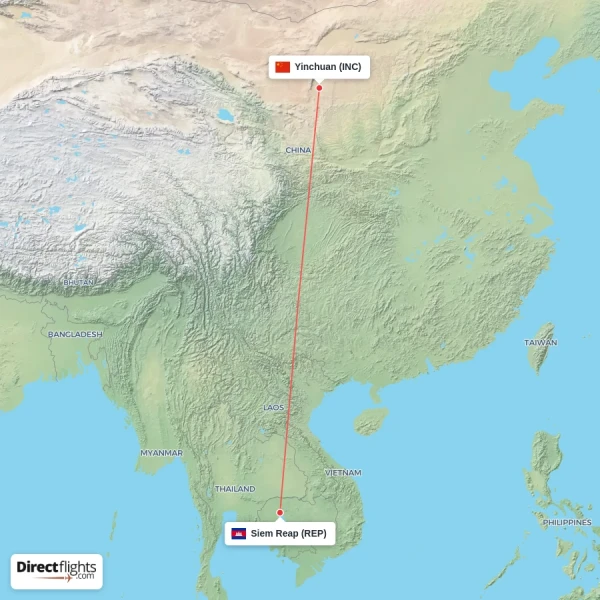 Yinchuan - Siem Reap direct flight map