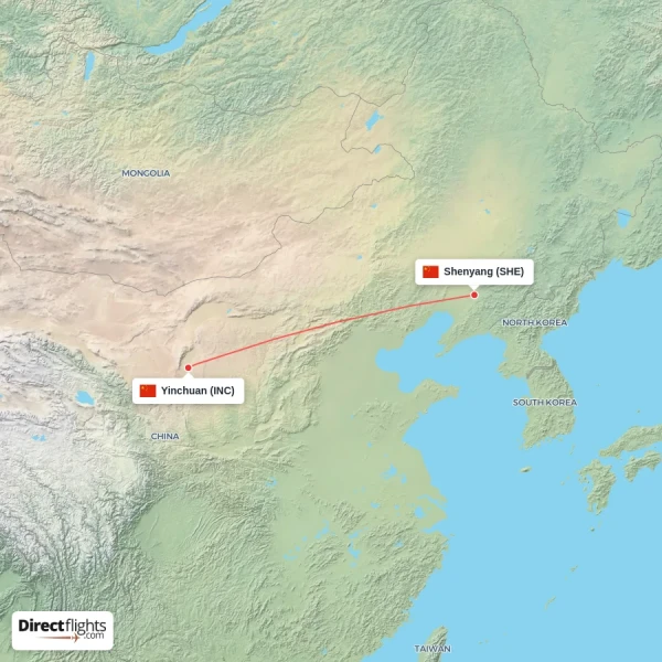 Yinchuan - Shenyang direct flight map