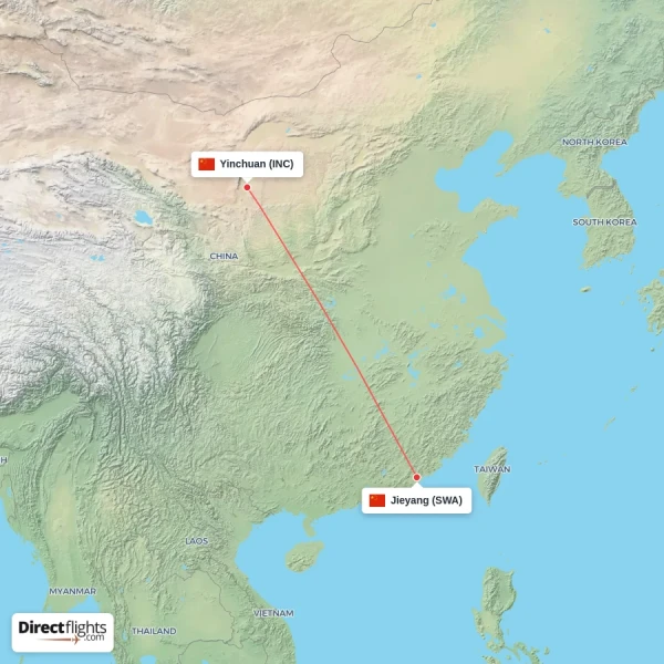 Yinchuan - Jieyang direct flight map