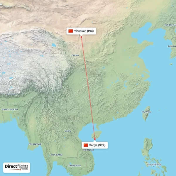 Yinchuan - Sanya direct flight map