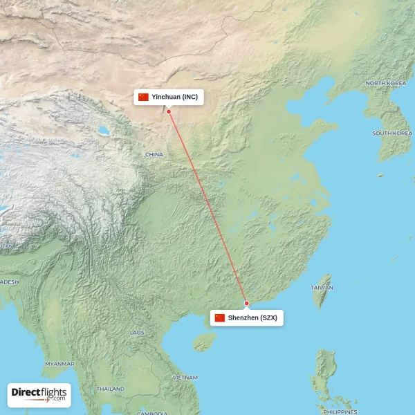 Yinchuan - Shenzhen direct flight map