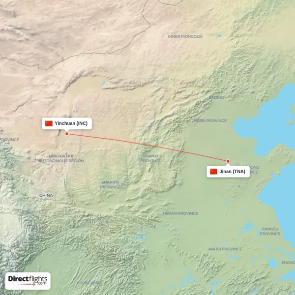 Yinchuan - Jinan direct flight map