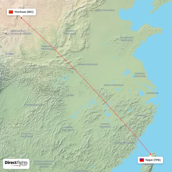 Yinchuan - Taipei direct flight map