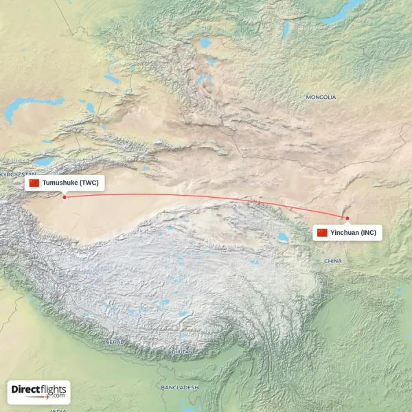 Yinchuan - Tumushuke direct flight map