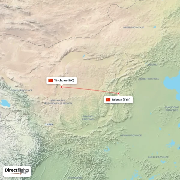 Yinchuan - Taiyuan direct flight map