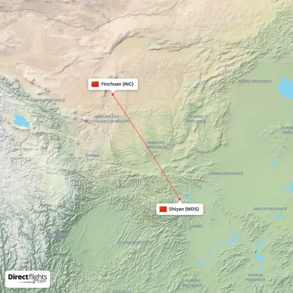 Yinchuan - Shiyan direct flight map