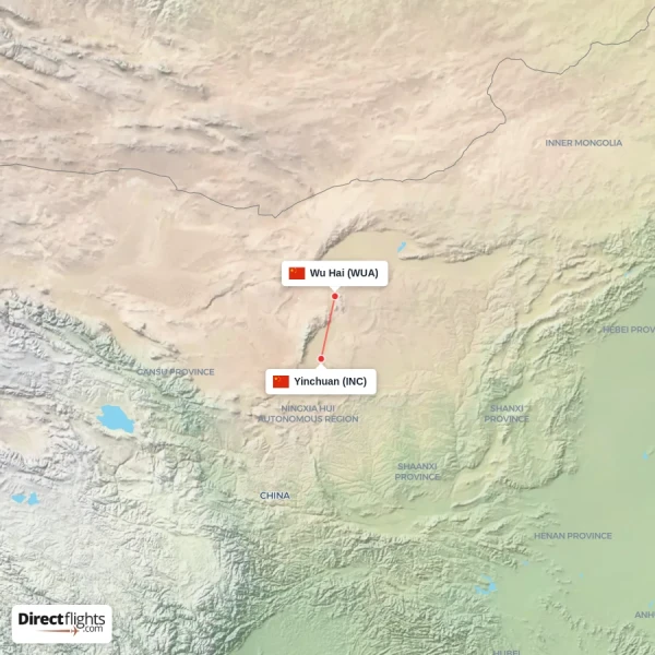 Yinchuan - Wu Hai direct flight map
