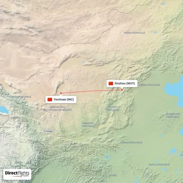 Yinchuan - Xinzhou direct flight map