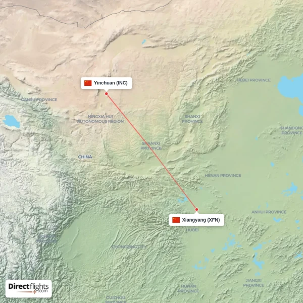 Yinchuan - Xiangyang direct flight map