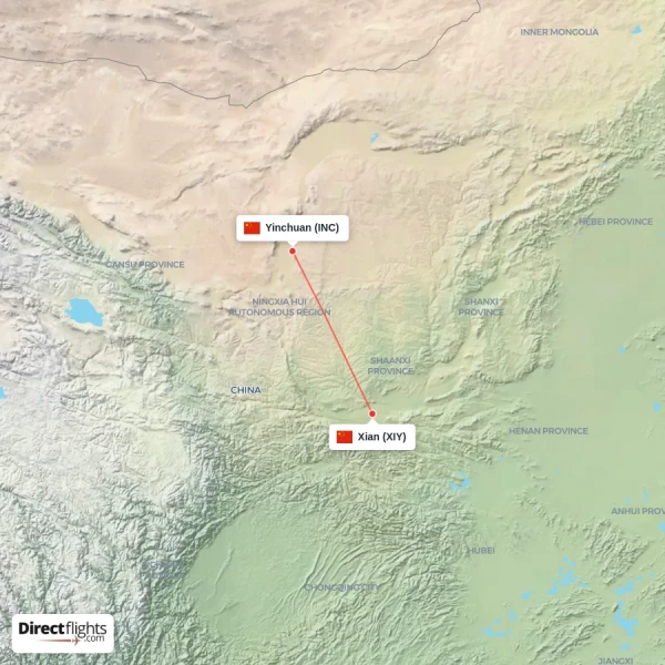 Yinchuan - Xian direct flight map