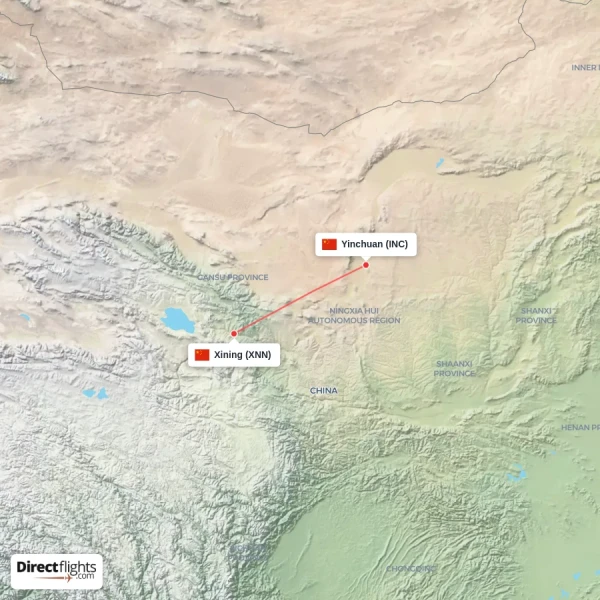 Yinchuan - Xining direct flight map