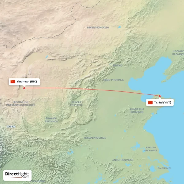Yinchuan - Yantai direct flight map