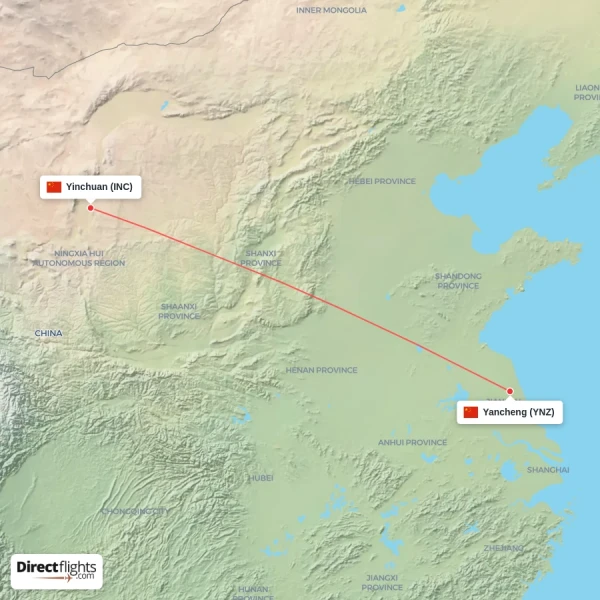 Yinchuan - Yancheng direct flight map