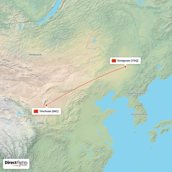 Yinchuan - Songyuan direct flight map