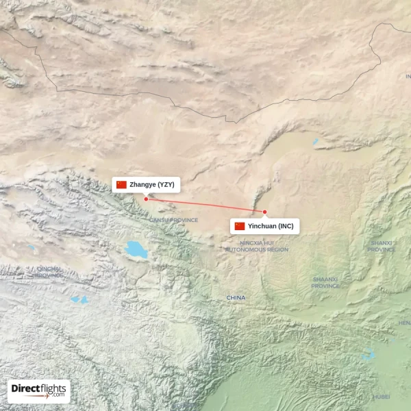 Yinchuan - Zhangye direct flight map