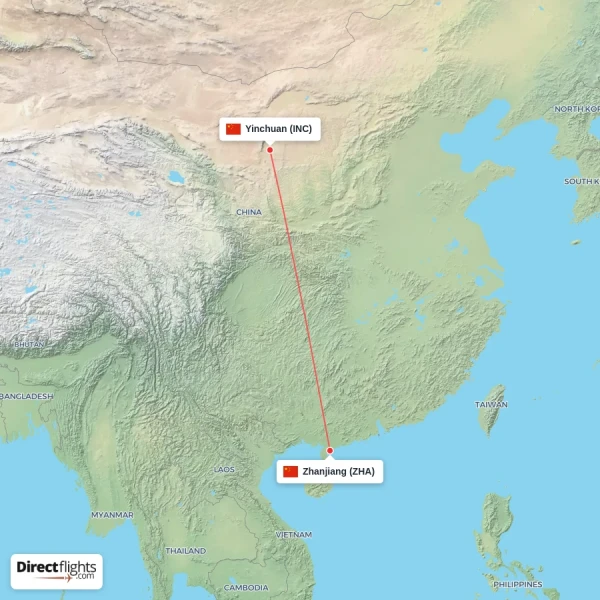 Yinchuan - Zhanjiang direct flight map