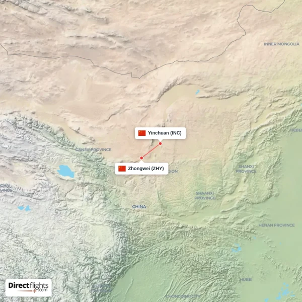 Yinchuan - Zhongwei direct flight map