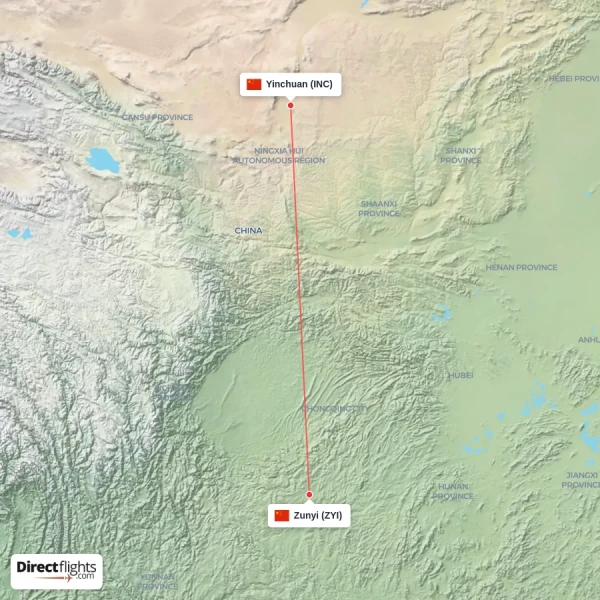 Yinchuan - Zunyi direct flight map