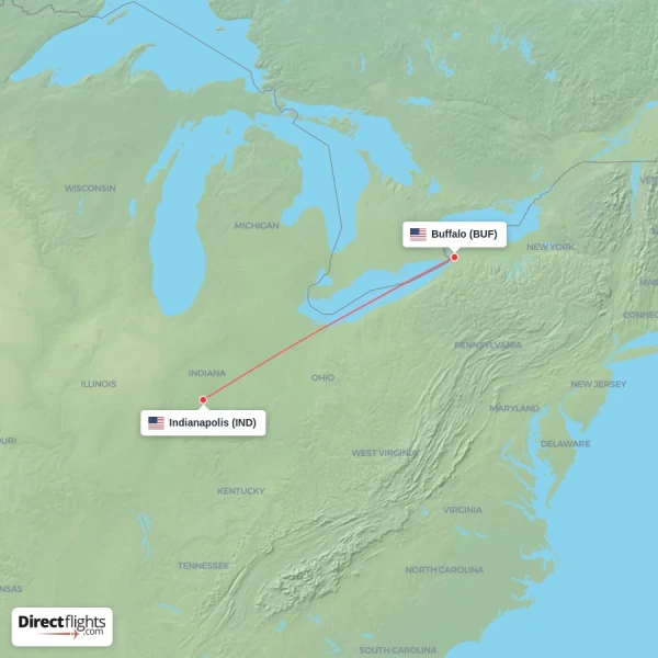 Indianapolis - Buffalo direct flight map