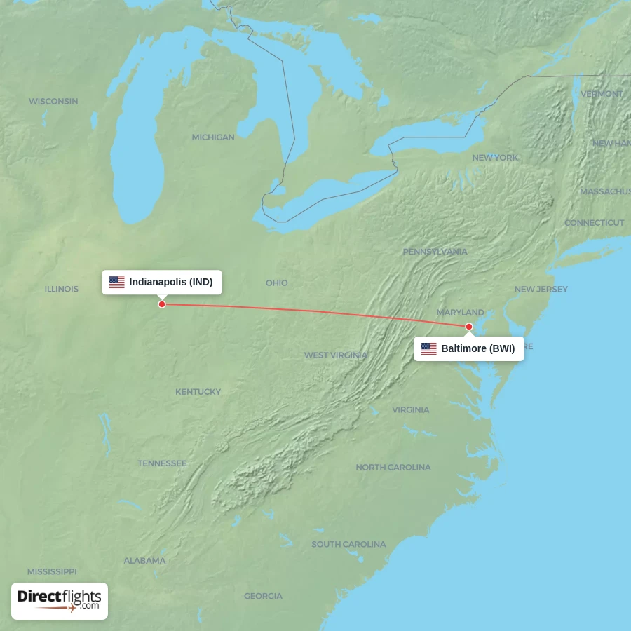 IND - BWI route map
