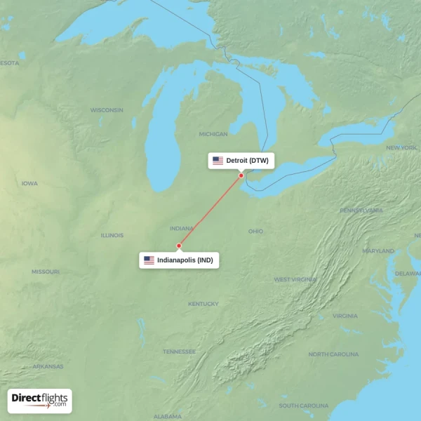 Indianapolis - Detroit direct flight map