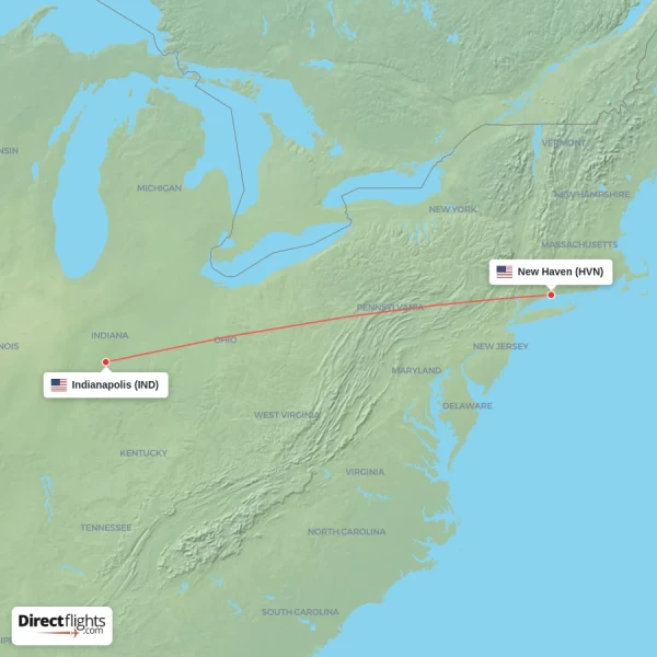 Indianapolis - New Haven direct flight map