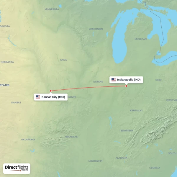 Indianapolis - Kansas City direct flight map