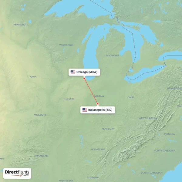 Indianapolis - Chicago direct flight map