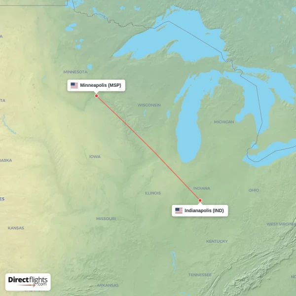 Indianapolis - Minneapolis direct flight map