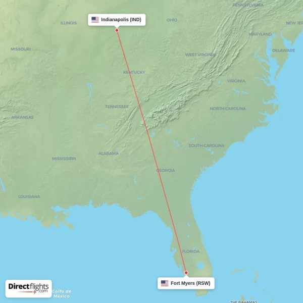 Indianapolis - Fort Myers direct flight map
