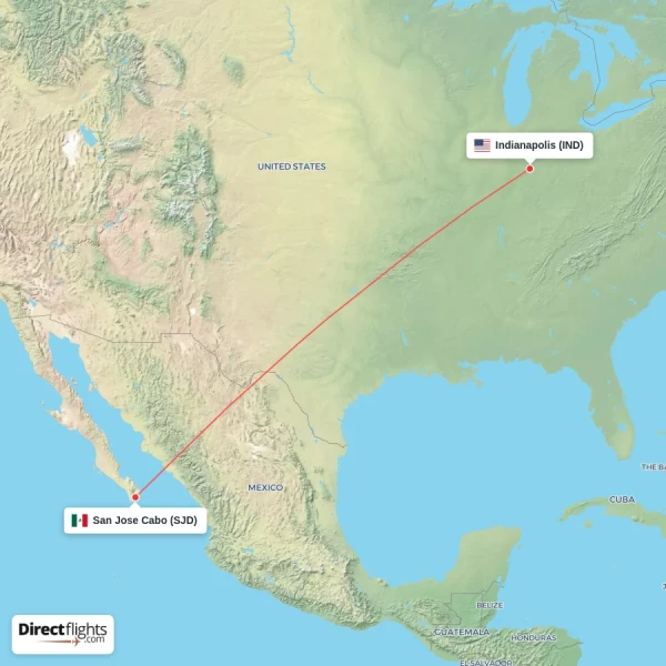 Indianapolis - San Jose Cabo direct flight map