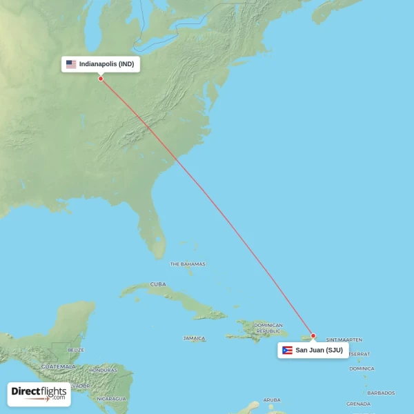 Indianapolis - San Juan direct flight map