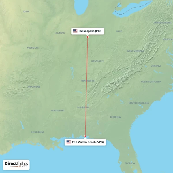 Indianapolis - Fort Walton Beach direct flight map