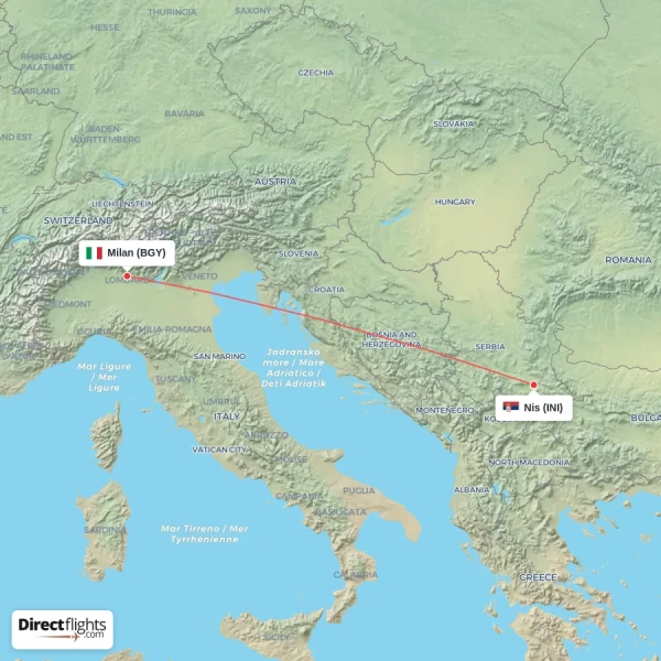 Nis - Milan direct flight map