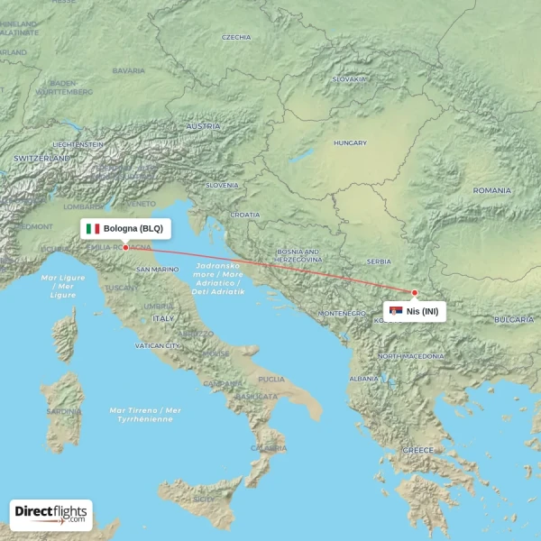 Nis - Bologna direct flight map