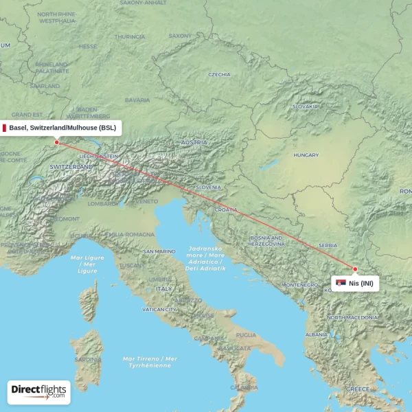 Nis - Basel, Switzerland/Mulhouse direct flight map