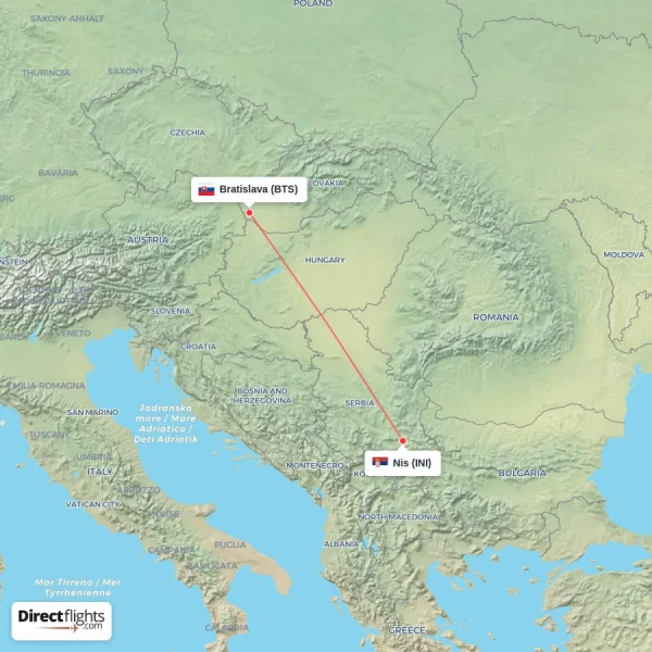 Nis - Bratislava direct flight map