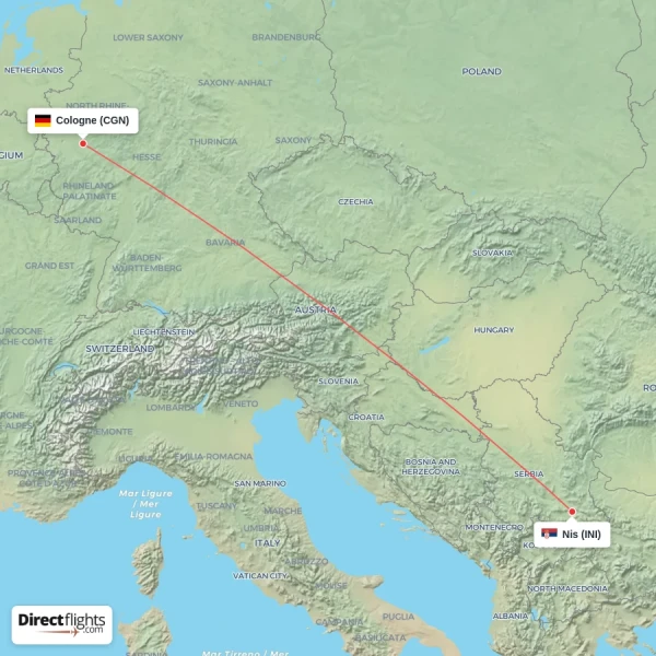Nis - Cologne direct flight map