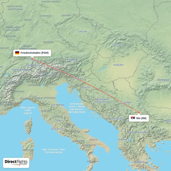 Nis - Friedrichshafen direct flight map